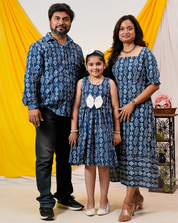 Indigo Warli Long Shift Family Set