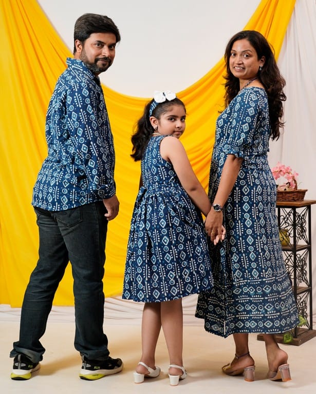 Indigo Warli Long Shift Family Set