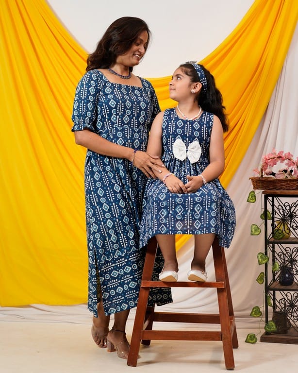 Indigo Warli Long Shift Family Set