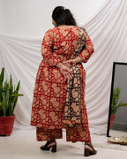 Queen Red Floral Angrakha Plus Size Kurta Set