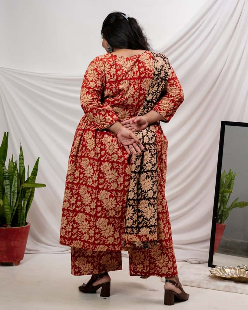 Queen Red Floral Angrakha Plus Size Kurta Set