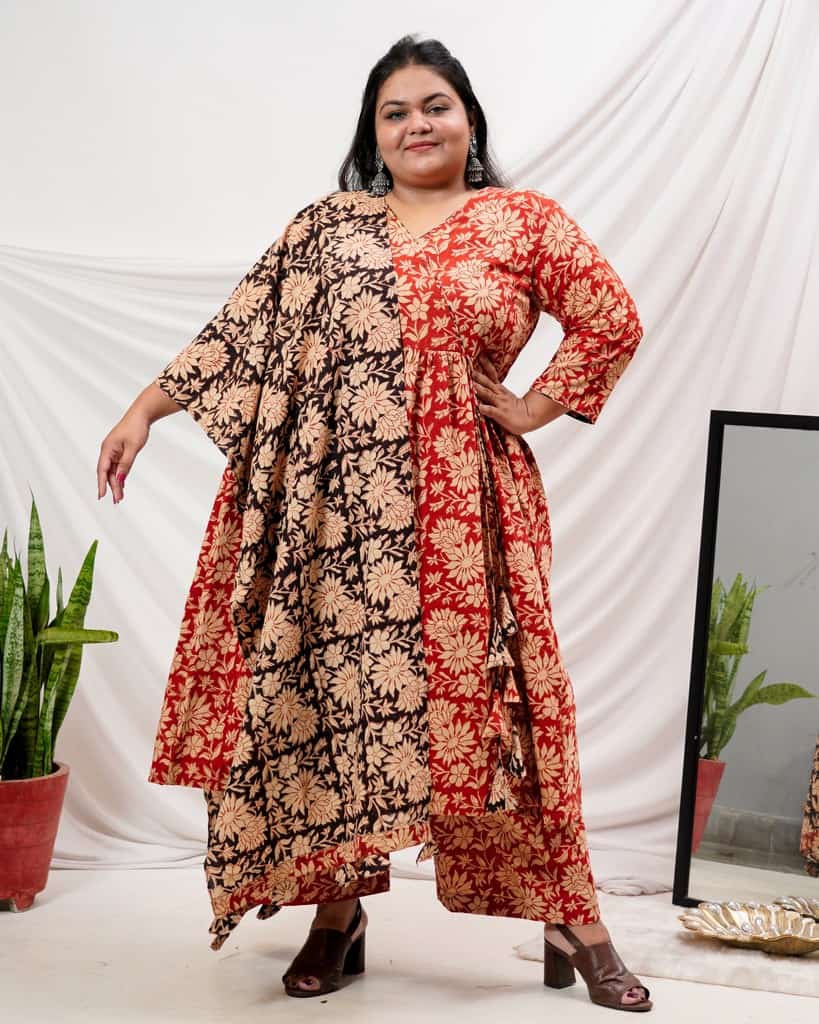Queen Red Floral Angrakha Plus Size Kurta Set