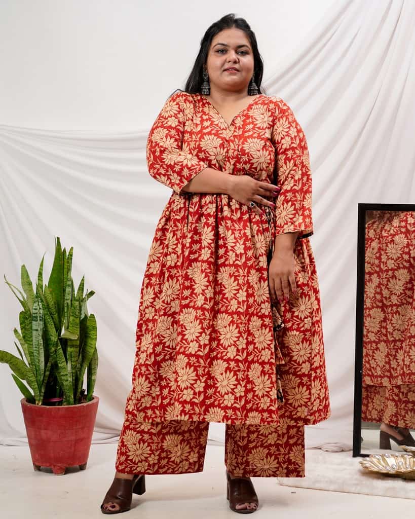 Queen Red Floral Angrakha Plus Size Kurta Set