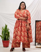 Queen Red Floral Angrakha Plus Size Kurta Set