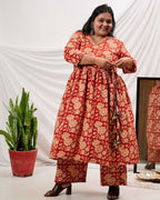 Queen Red Floral Angrakha Plus Size Kurta Set