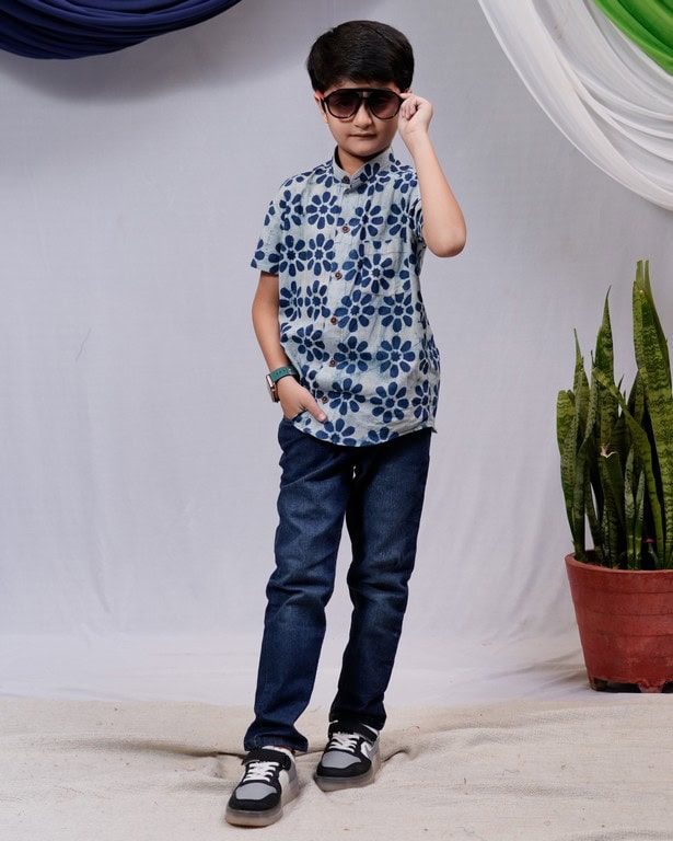 Indigo Floral Kids Shirt