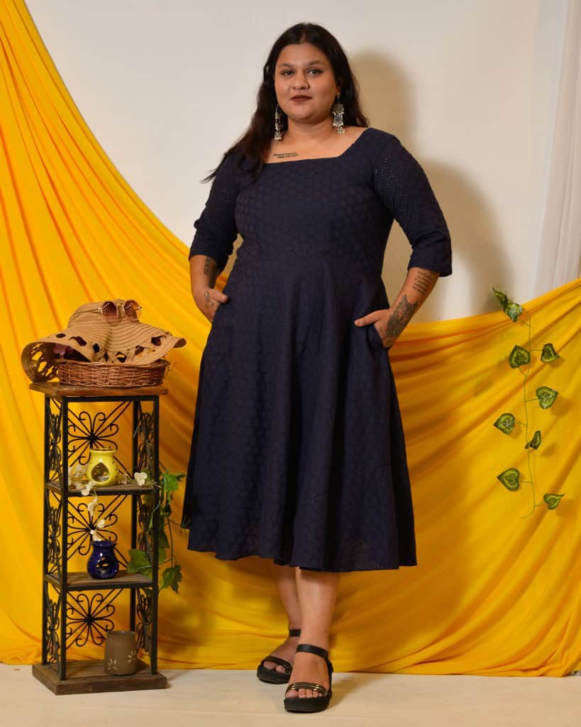 Ink Blue Cutwork Long Plus Size Dress