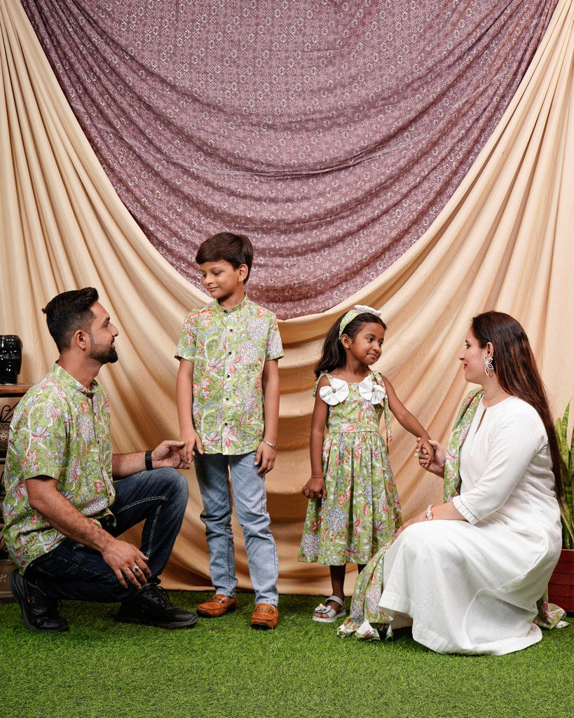 White Mint Green Anarkali Family Set