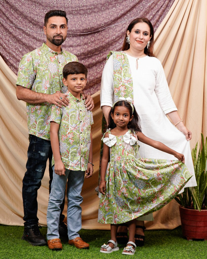 White Mint Green Anarkali Family Set