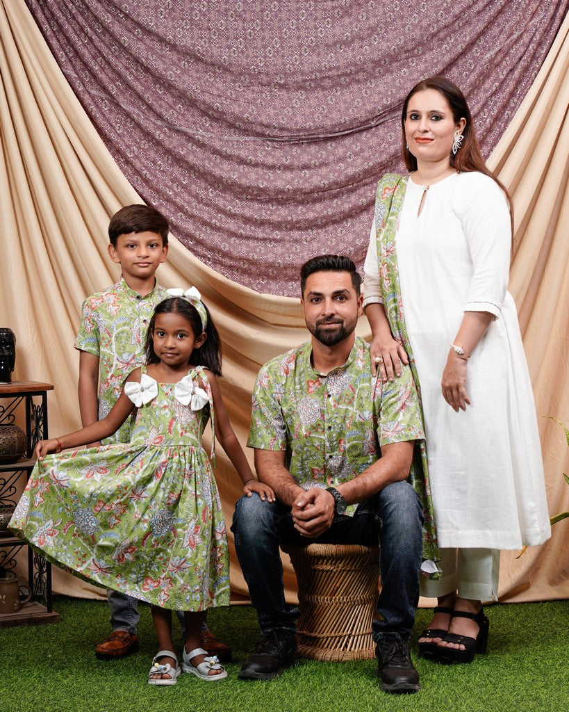 White Mint Green Anarkali Family Set