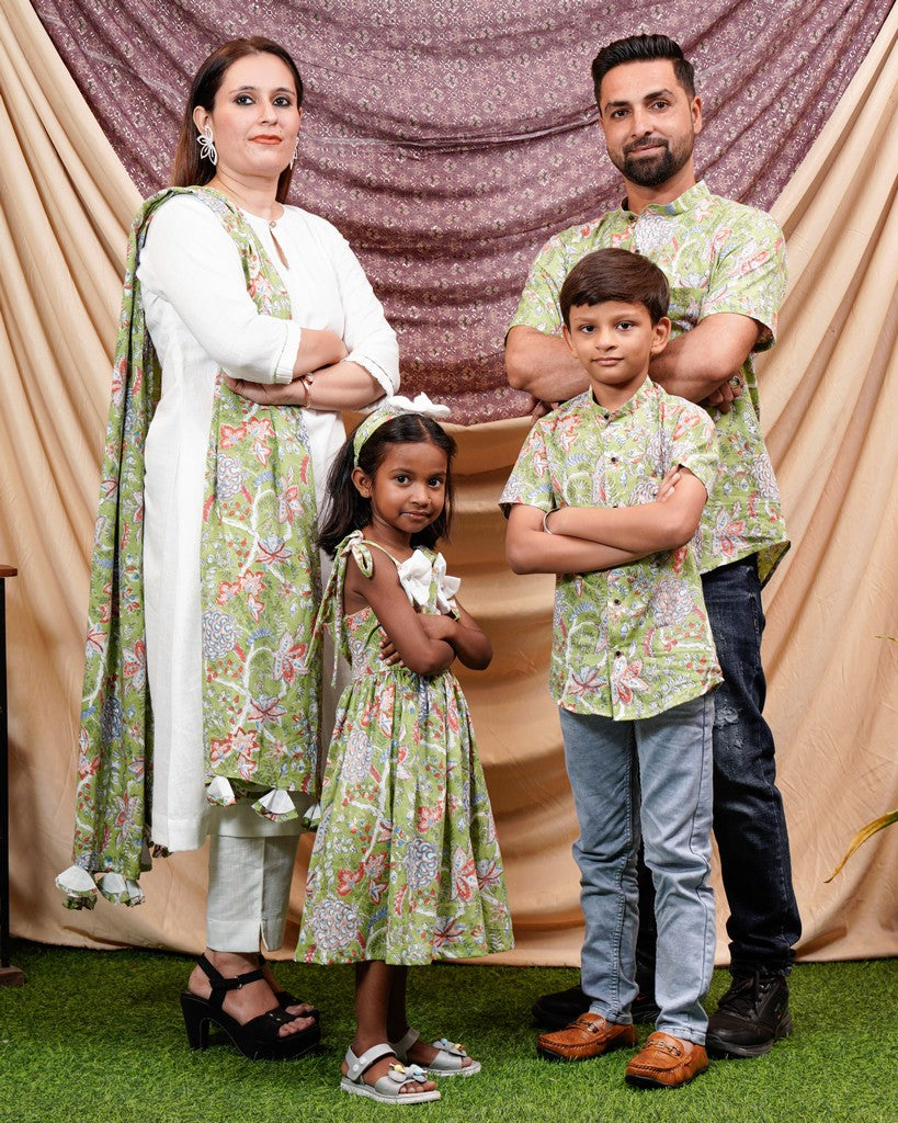 White Mint Green Anarkali Family Set