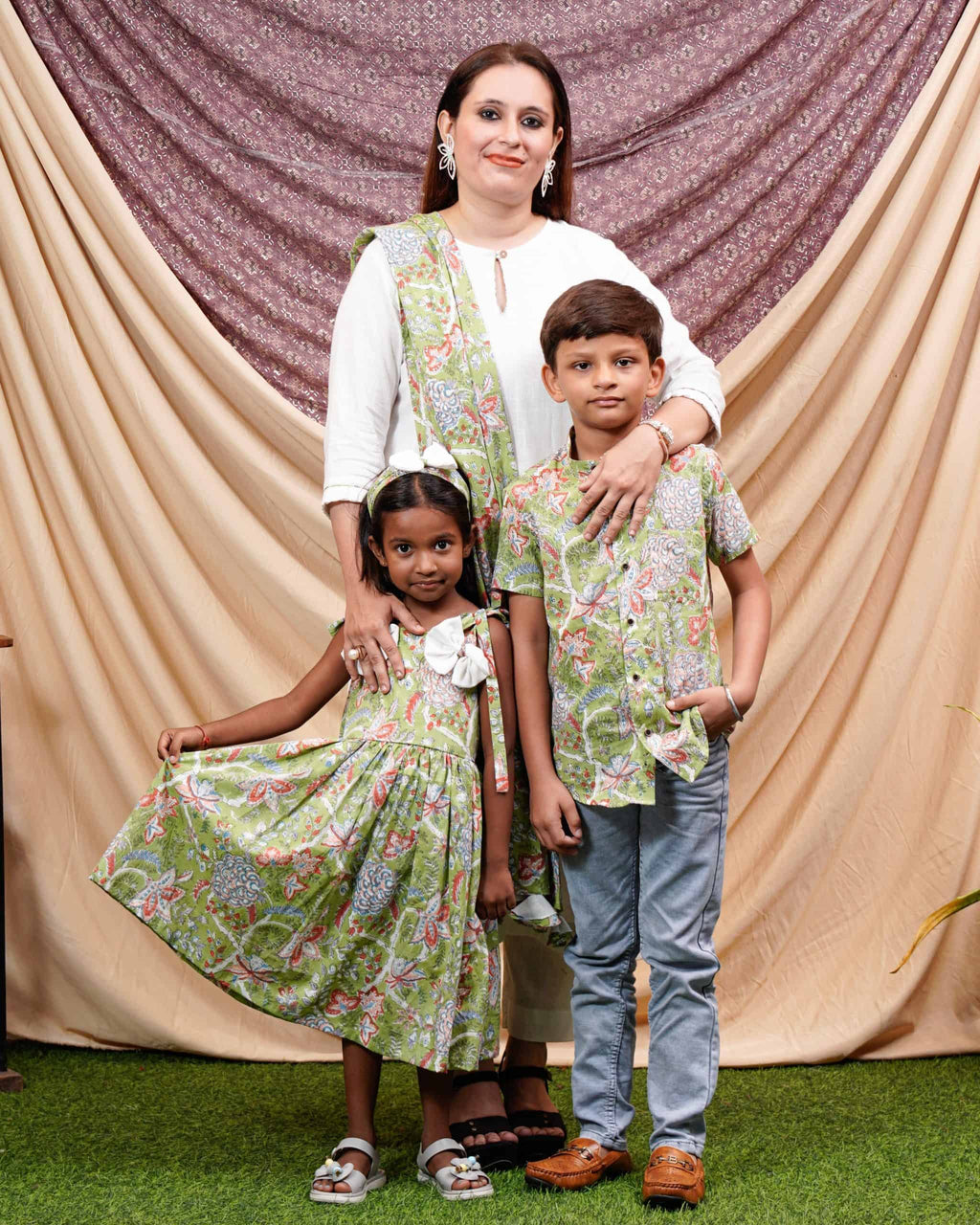 White Mint Green Anarkali Mother Kids Twinning