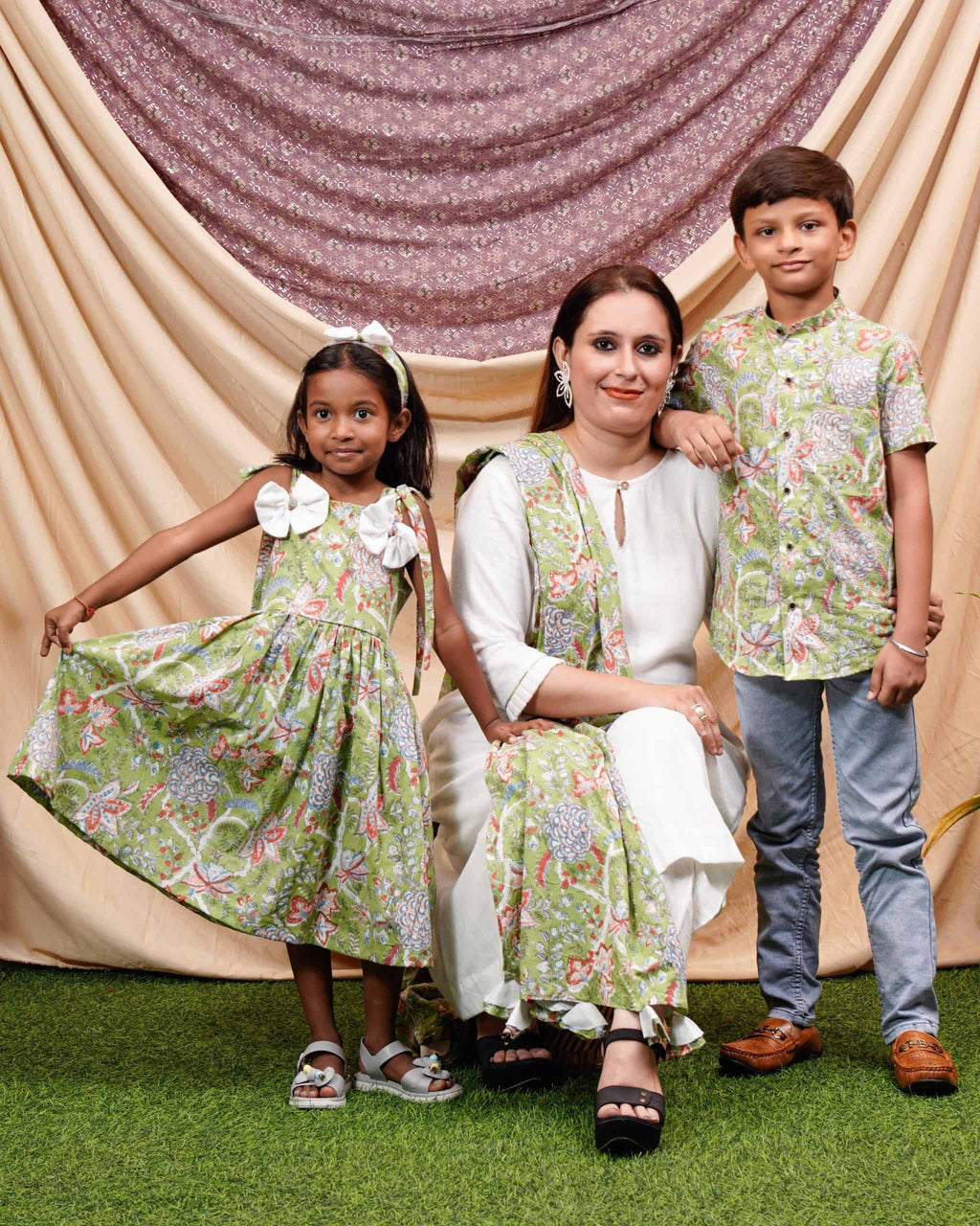 White Mint Green Anarkali Mother Kids Twinning