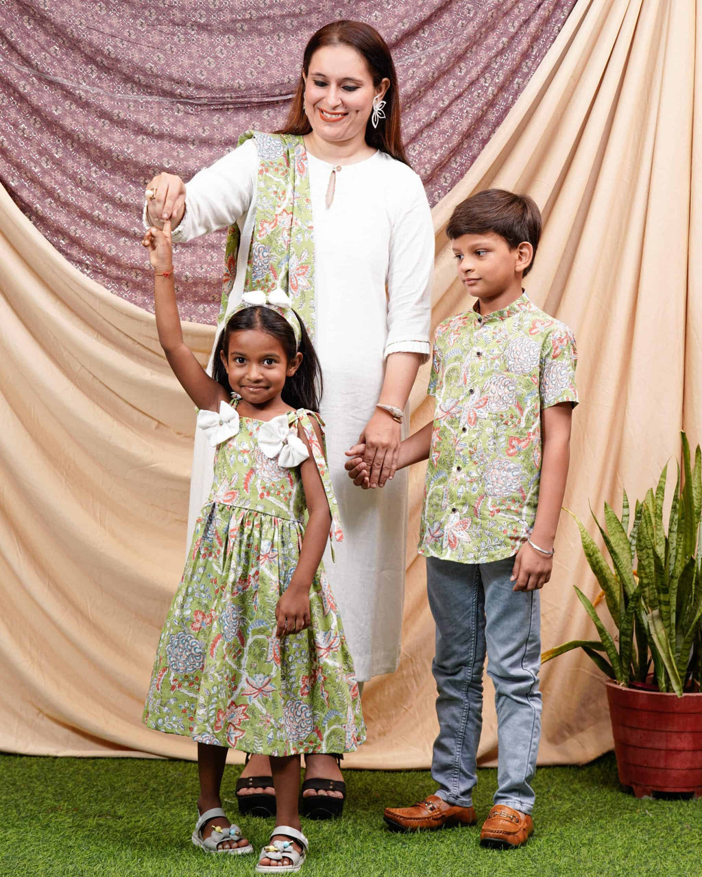 White Mint Green Anarkali Mother Kids Twinning