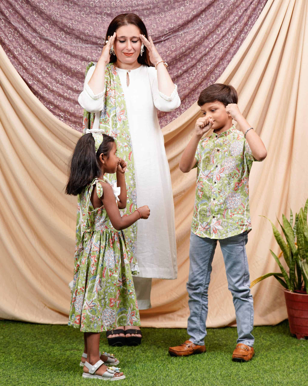 White Mint Green Anarkali Mother Kids Twinning