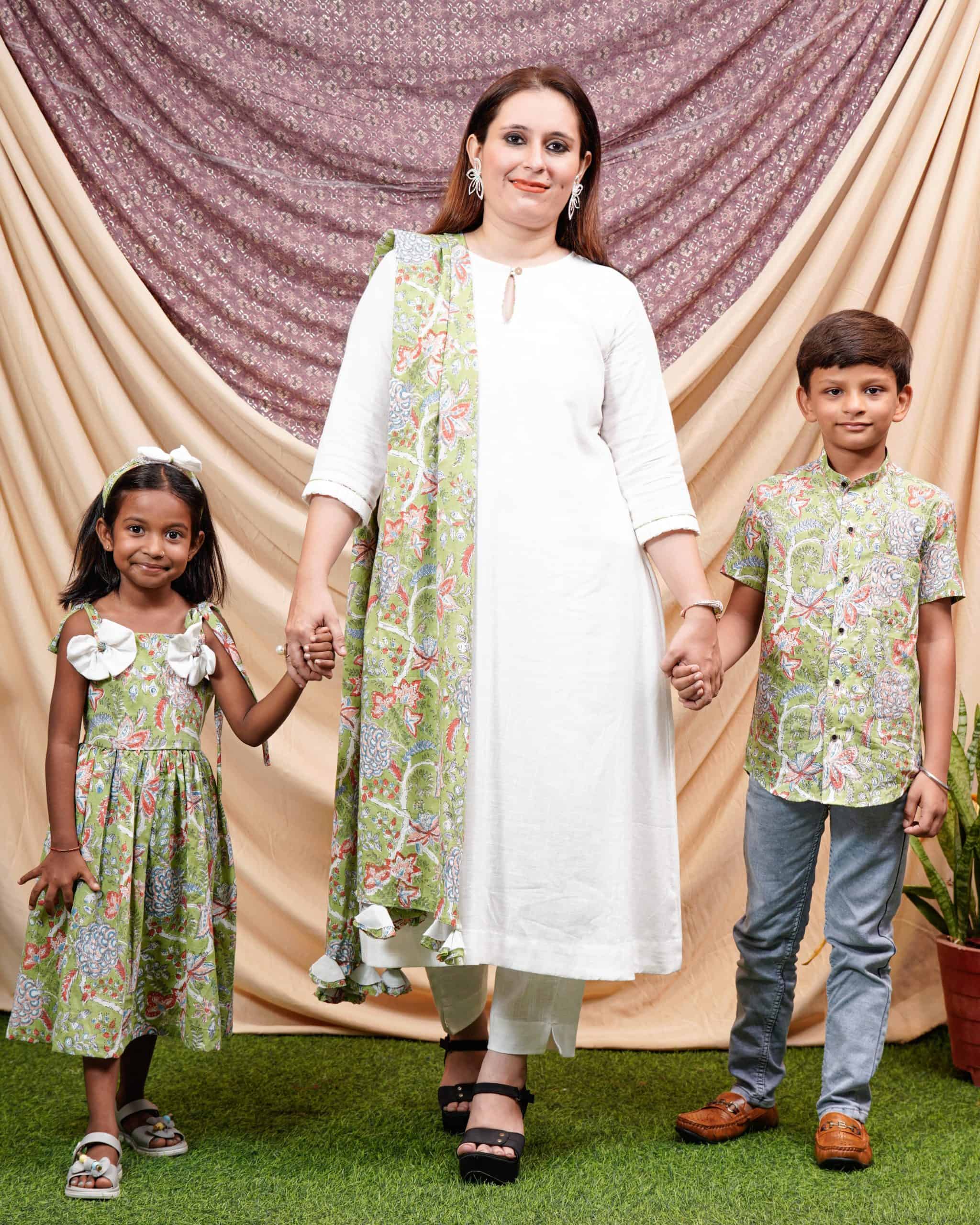 White Mint Green Anarkali Mother Kids Twinning Main image