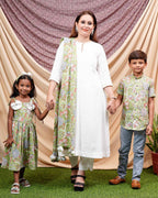 White Mint Green Anarkali Mother Kids Twinning