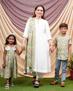 White Mint Green Anarkali Family Set