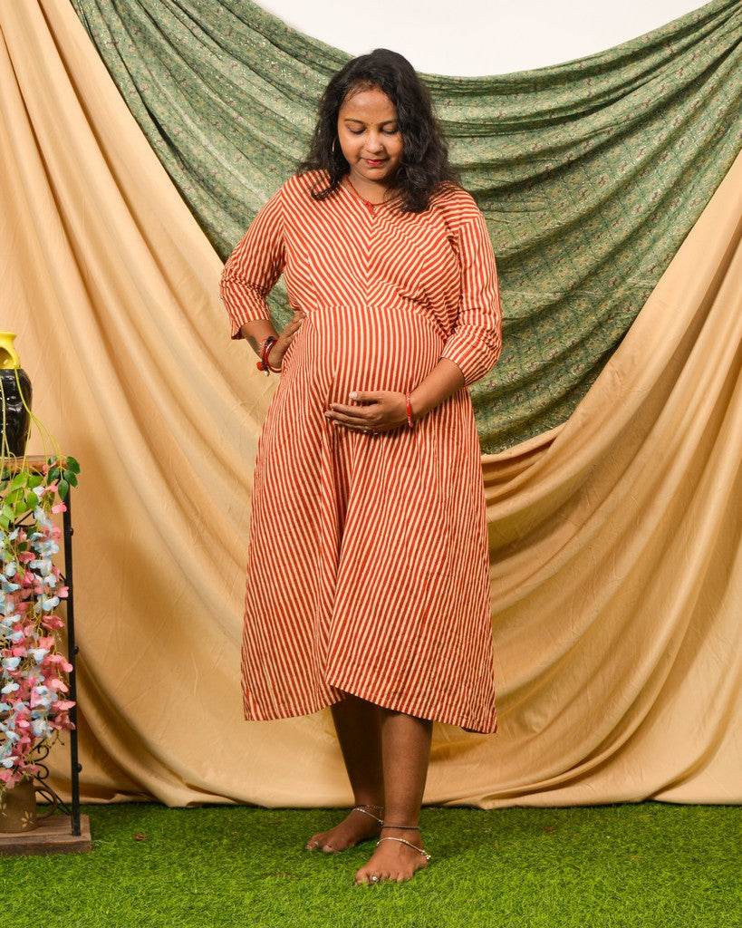 Brick Red Striped Nursing Dress