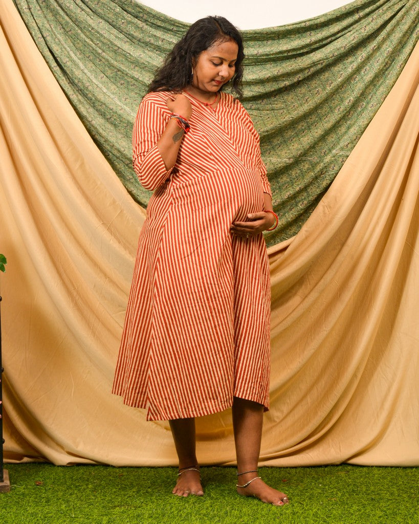Brick Red Striped Nursing Dress