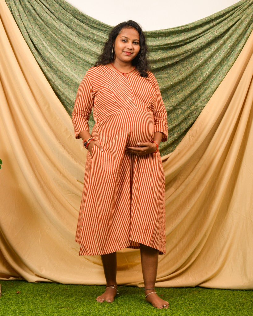 Brick Red Striped Nursing Dress