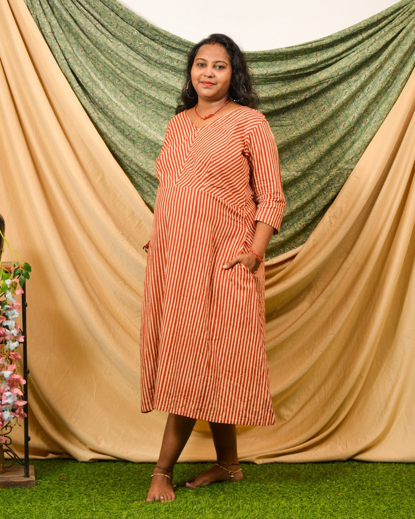 Brick Red Striped Nursing Dress