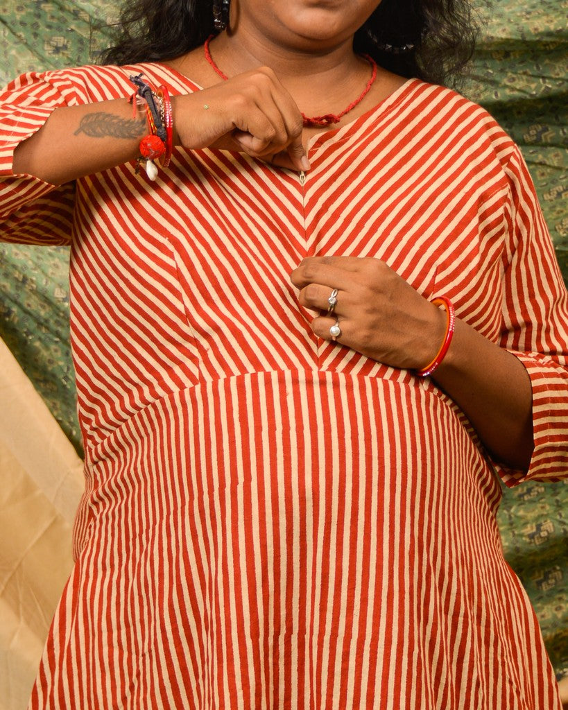 Brick Red Striped Nursing Dress