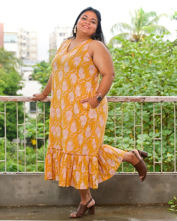 Yellow Kitty Long Frill Plus Size Dress