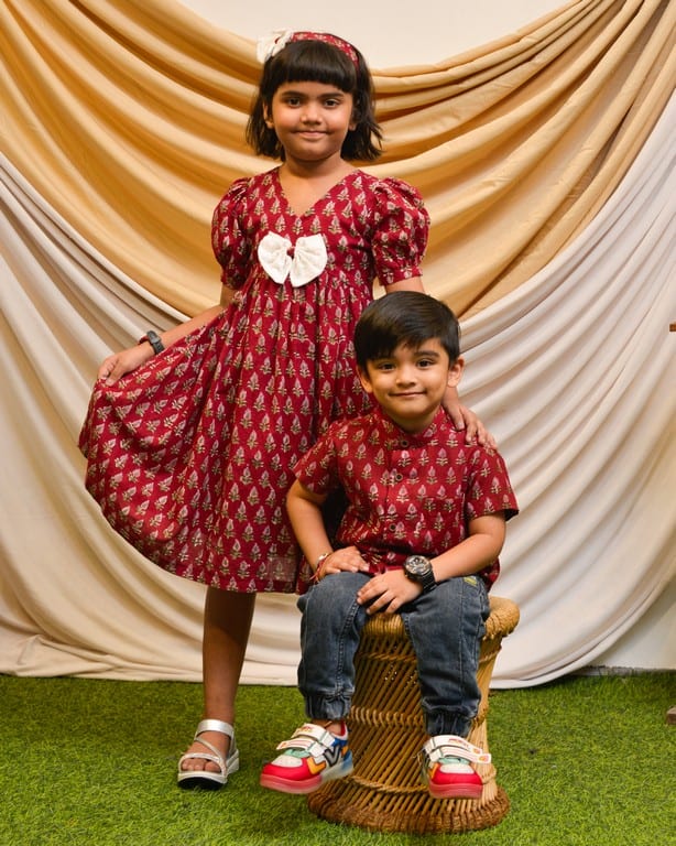 Crimson Maroon Long Mother Kids Twinning