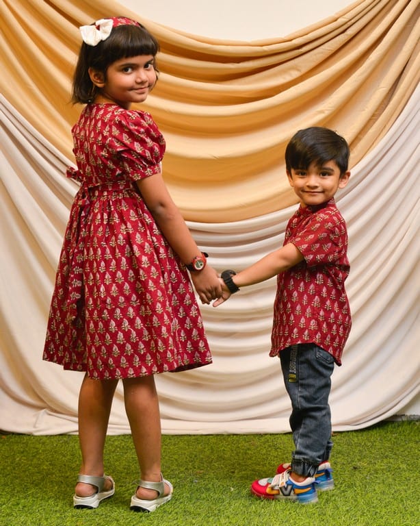 Crimson Maroon Long Mother Kids Twinning