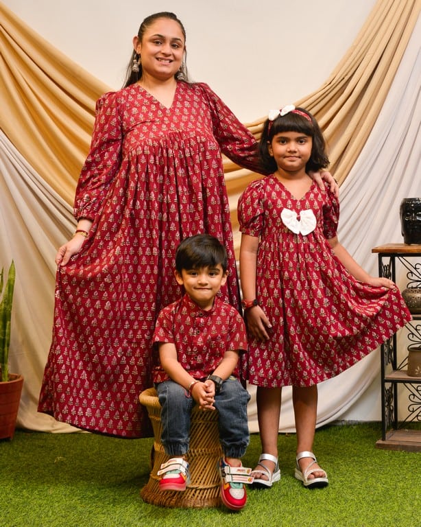 Crimson Maroon Long Mother Kids Twinning