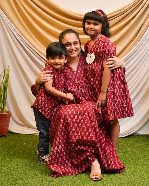 Crimson Maroon Long Mother Kids Twinning