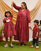 Crimson Maroon Long Mother Kids Twinning