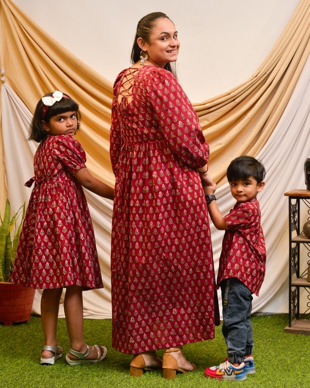Crimson Maroon Long Mother Kids Twinning