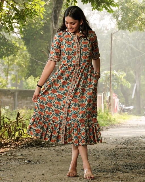 Caramel Long Frill Shirt Maternity Dress