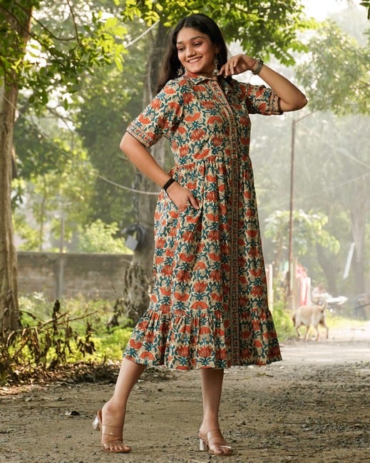 Caramel Long Frill Shirt Dress
