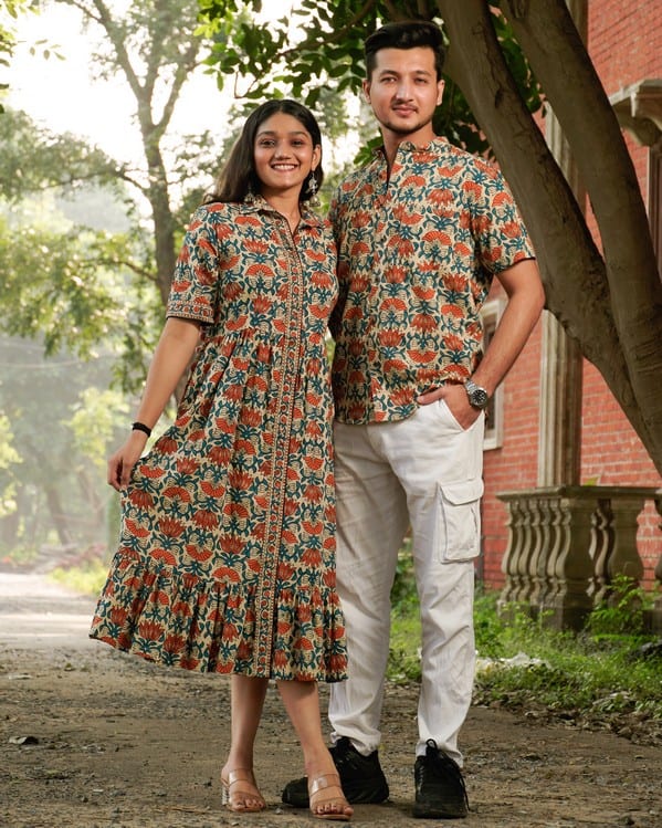 Caramel Long Frill Shirt Dress Couple Set