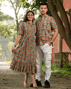 Caramel Long Frill Shirt Dress Couple Set