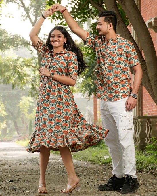 Caramel Long Frill Shirt Dress Couple Set