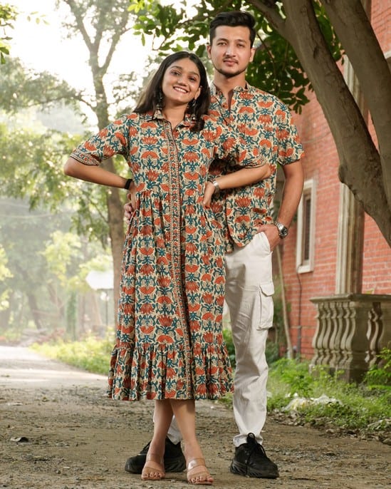 Caramel Long Frill Shirt Dress Couple Set