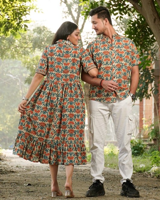 Caramel Long Frill Shirt Dress Couple Set