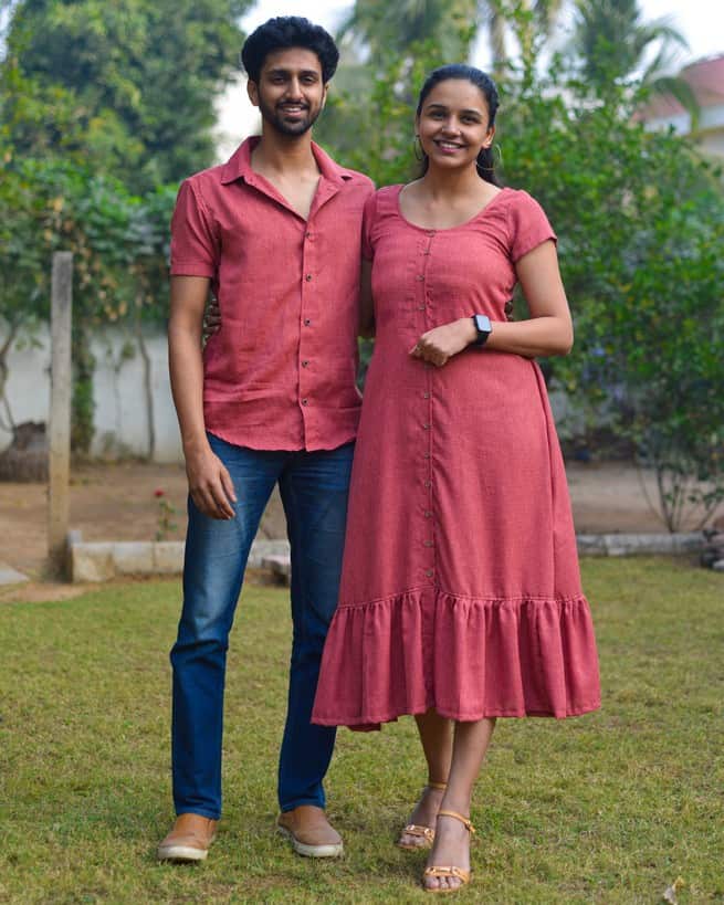 Pink Checkered Dress with Sleeves Couple Set Main image
