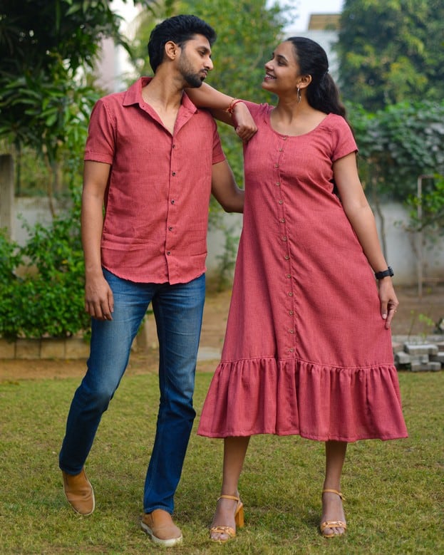 Pink Checkered Dress with Sleeves Couple Set