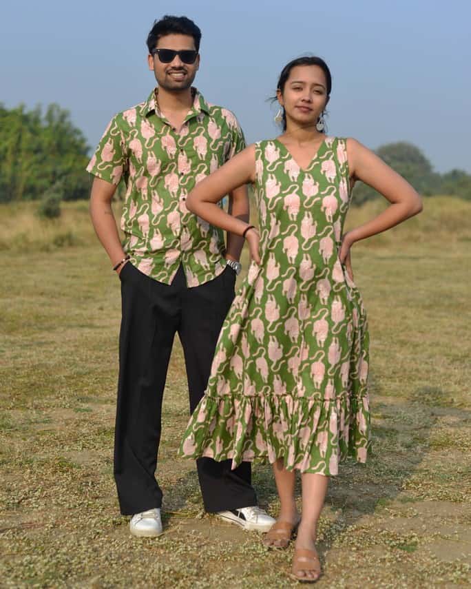 Green Kitty Long Frill Couple Set