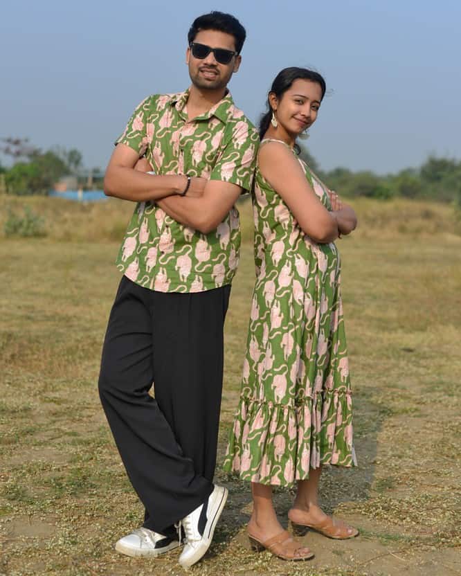 Green Kitty Long Frill Couple Set