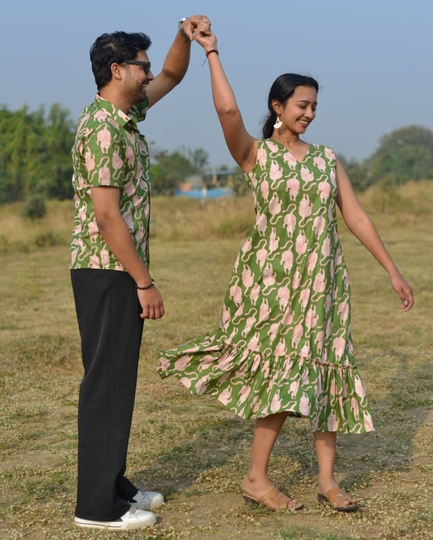Green Kitty Long Frill Couple Set