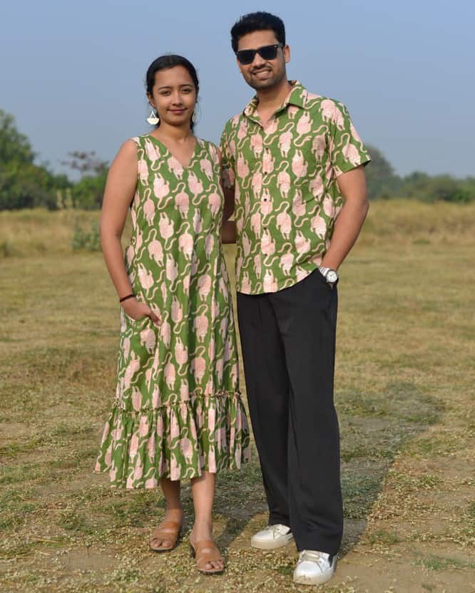 Green Kitty Long Frill Couple Set