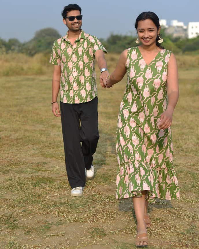 Green Kitty Long Frill Couple Set
