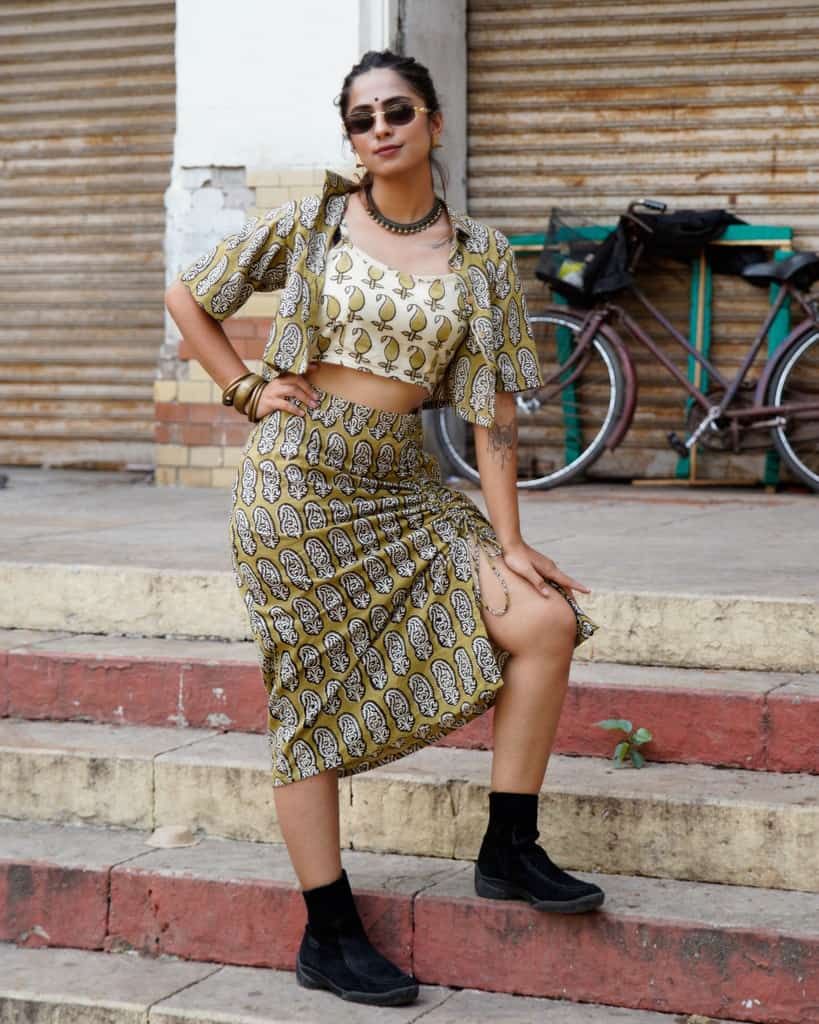 Mustard Block Print Skirt Set