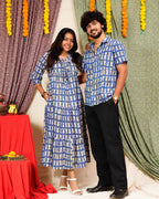 Blue Fish Print Long Frill Couple Set